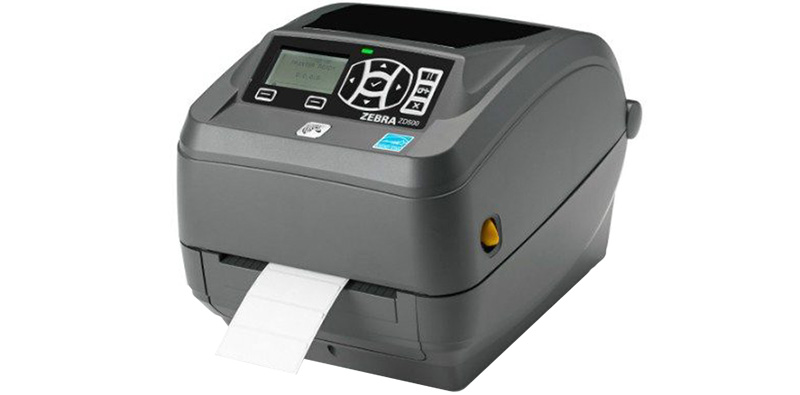 Grå ZD500R RFID Printer med papir i og på hvid baggrund
